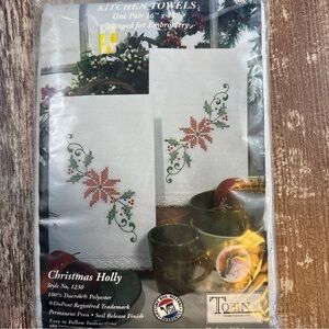 Tobin Christmas Holly Kitchen Towels Stamped Embroidery Kit